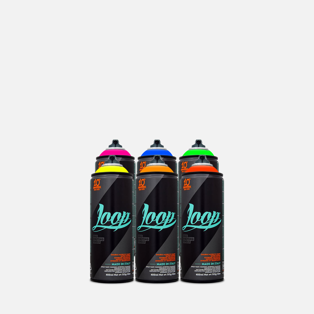 6 cans of loop fluo on a grey background