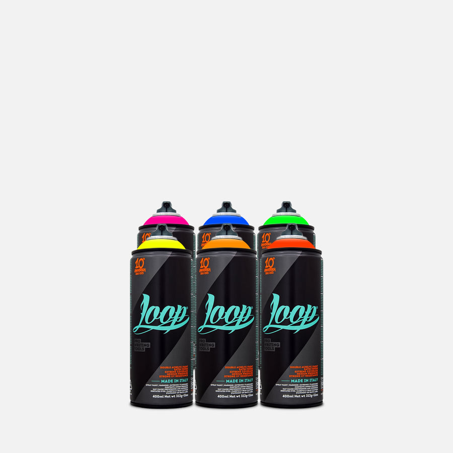 Loop spray paint 400ml 6 can pack of assorted fluorescent colours on grey background 