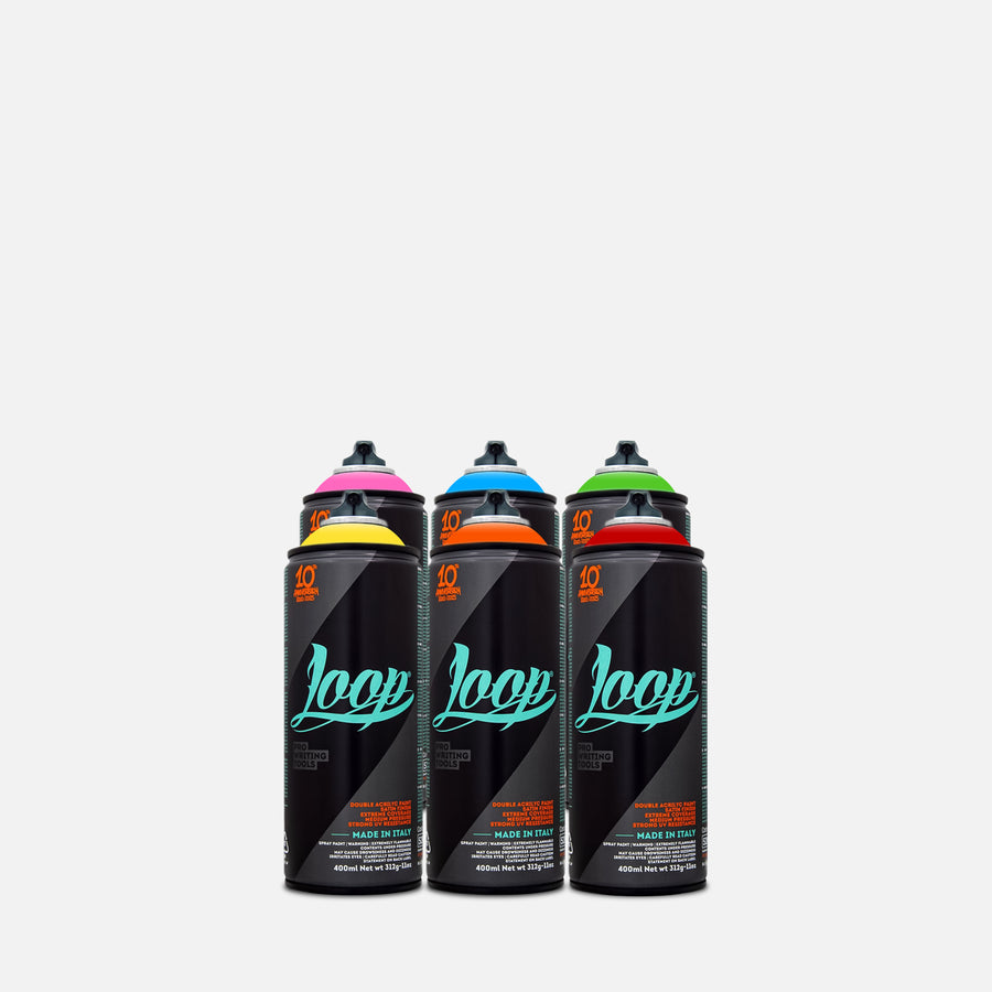 Loop spray paint 400ml 6 can pack of assorted colours on grey background 
