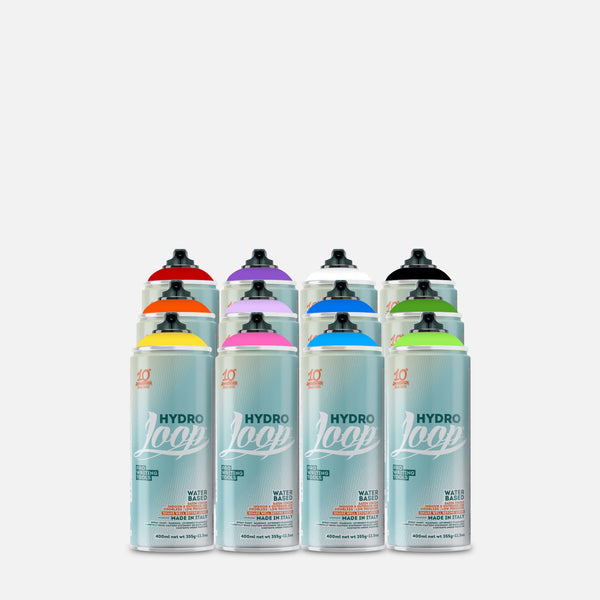 Set of 12 cans of Loop hydro spray cans on a light grey background