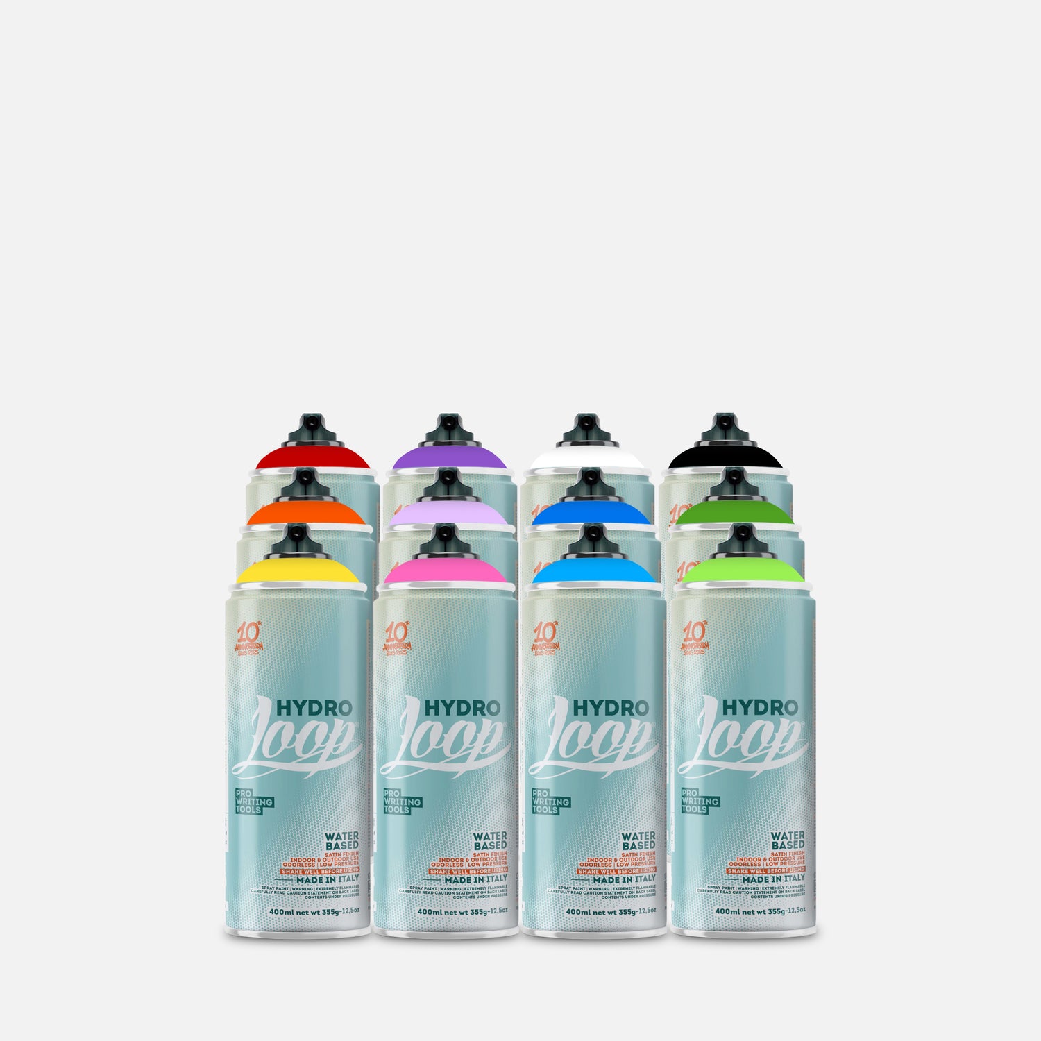 Loop hydro waterbased spray paint 400ml 12 can pack of assorted colours on grey background 