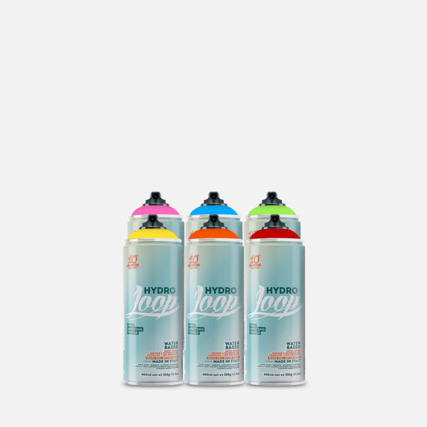 6 cans of Hydro Loop spray paint with colorful caps on a light grey background