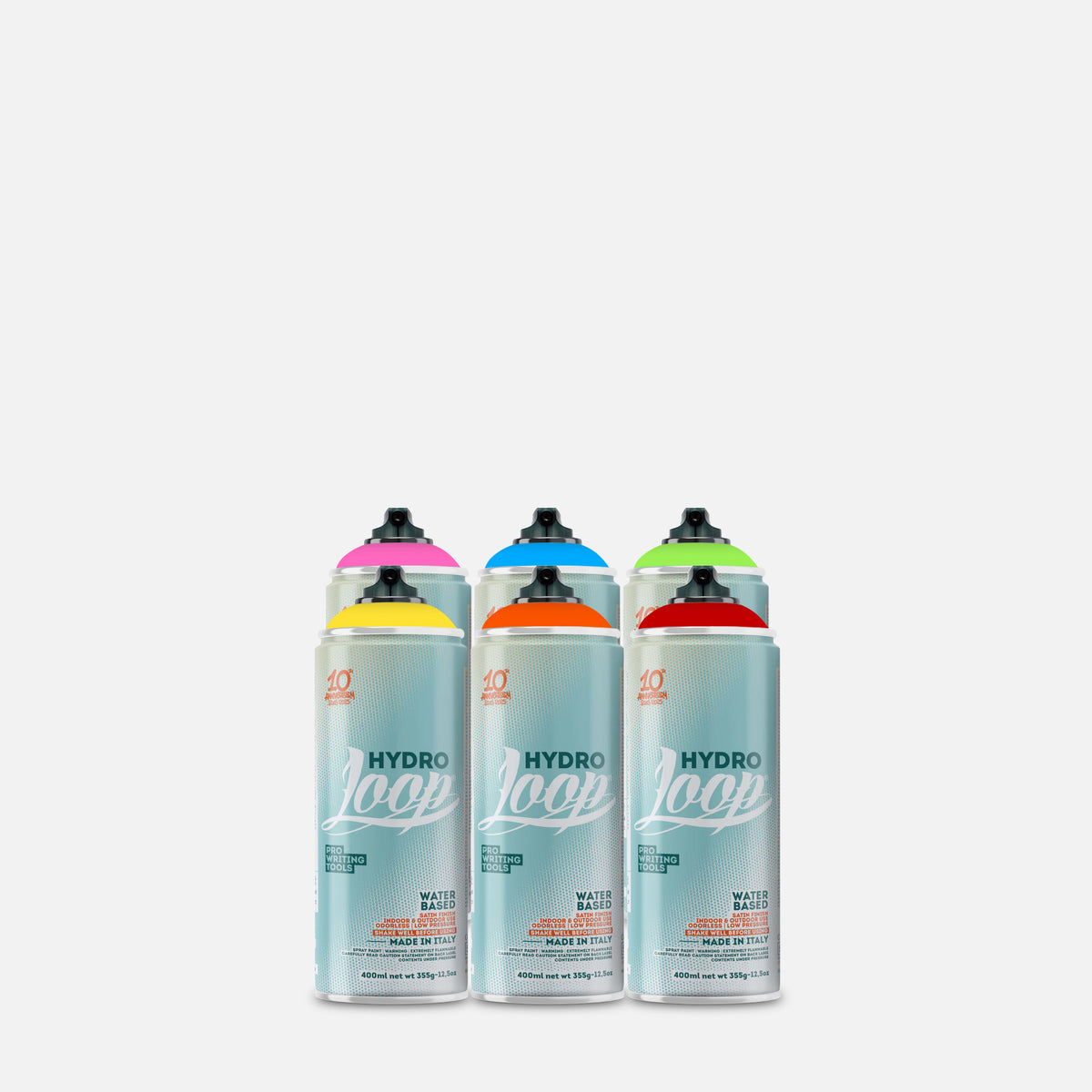 Set of 6 cans of Loop hydro spray cans on a light grey background