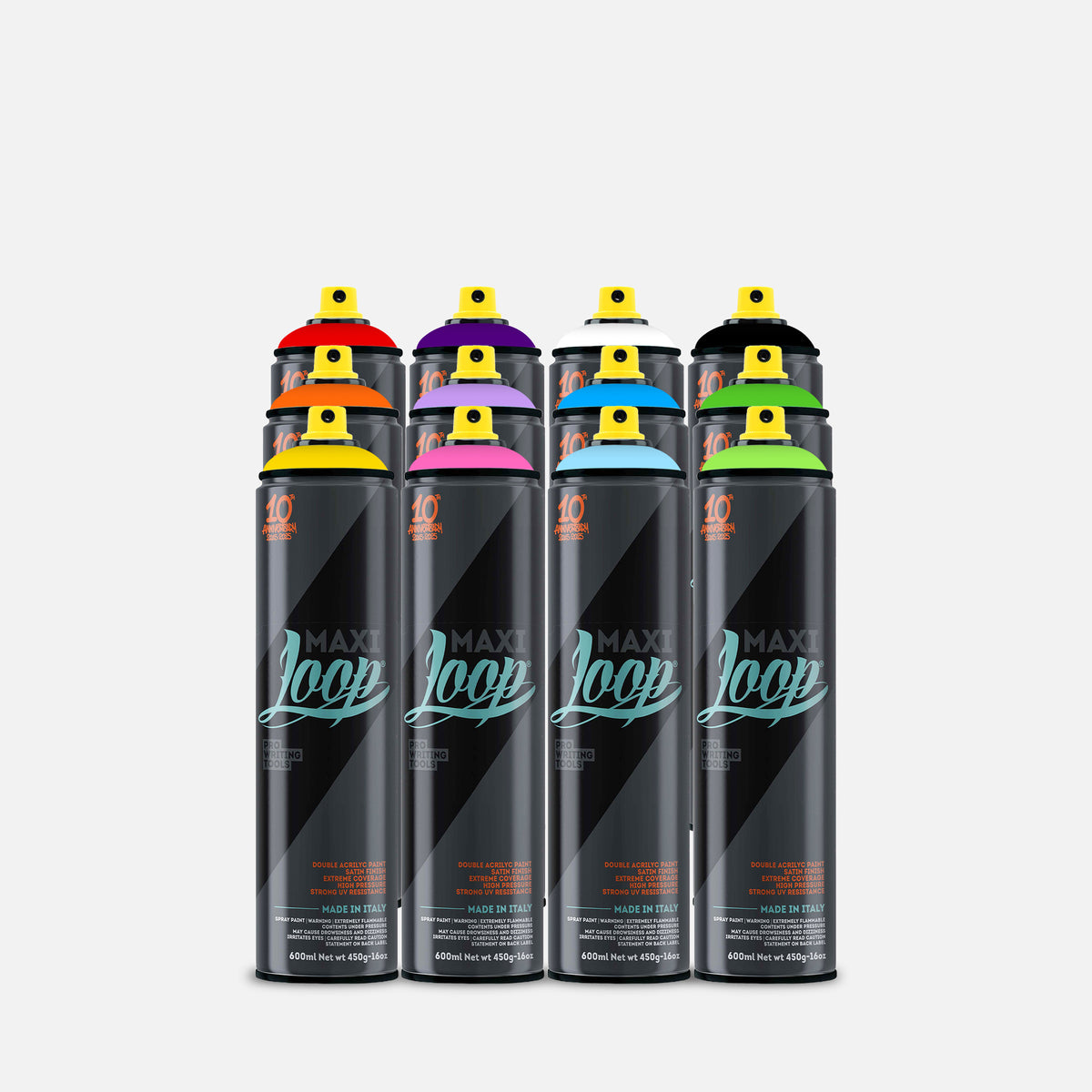 12 spray cans with colorful nozzles on a grey background