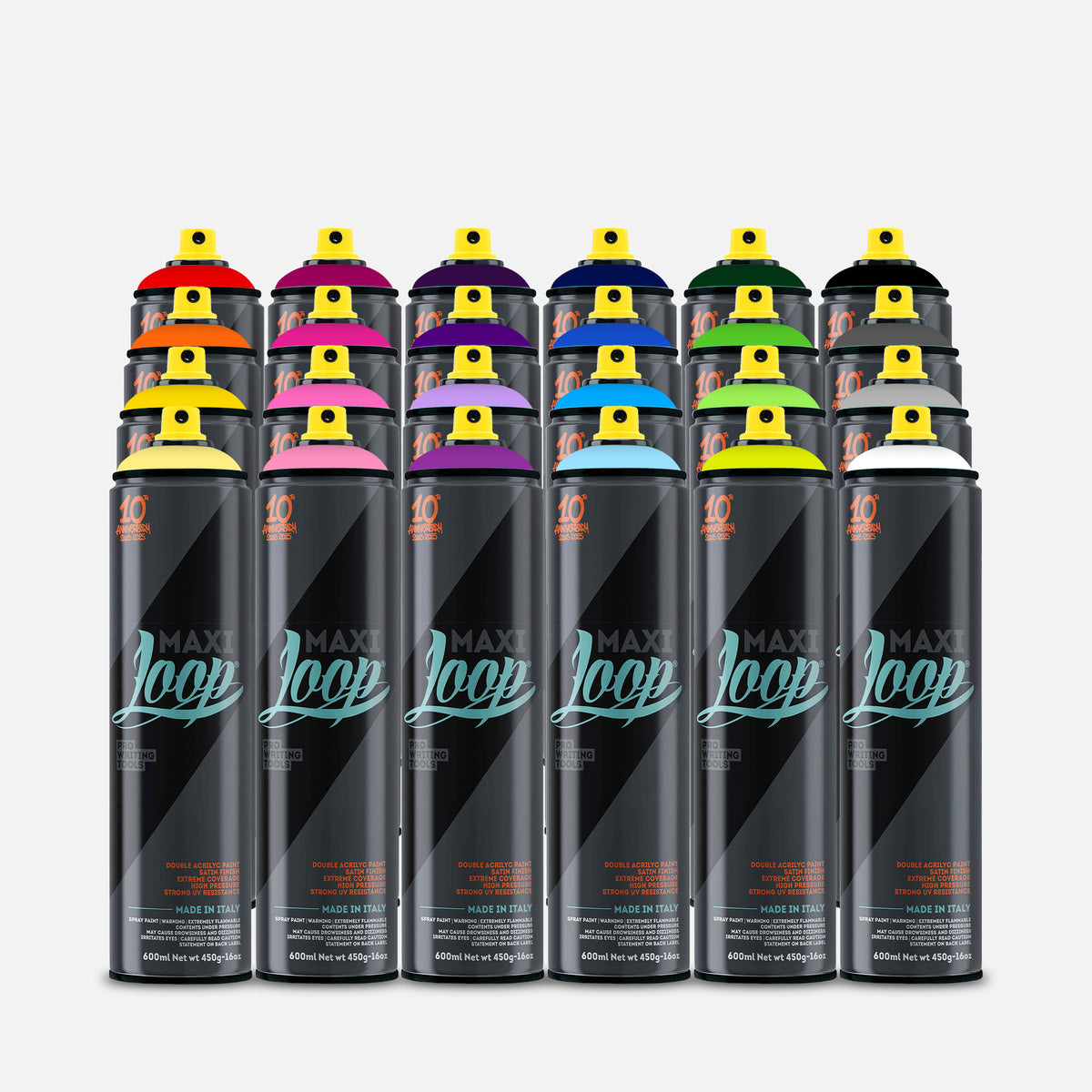 24 spray cans with colorful nozzles on a grey background