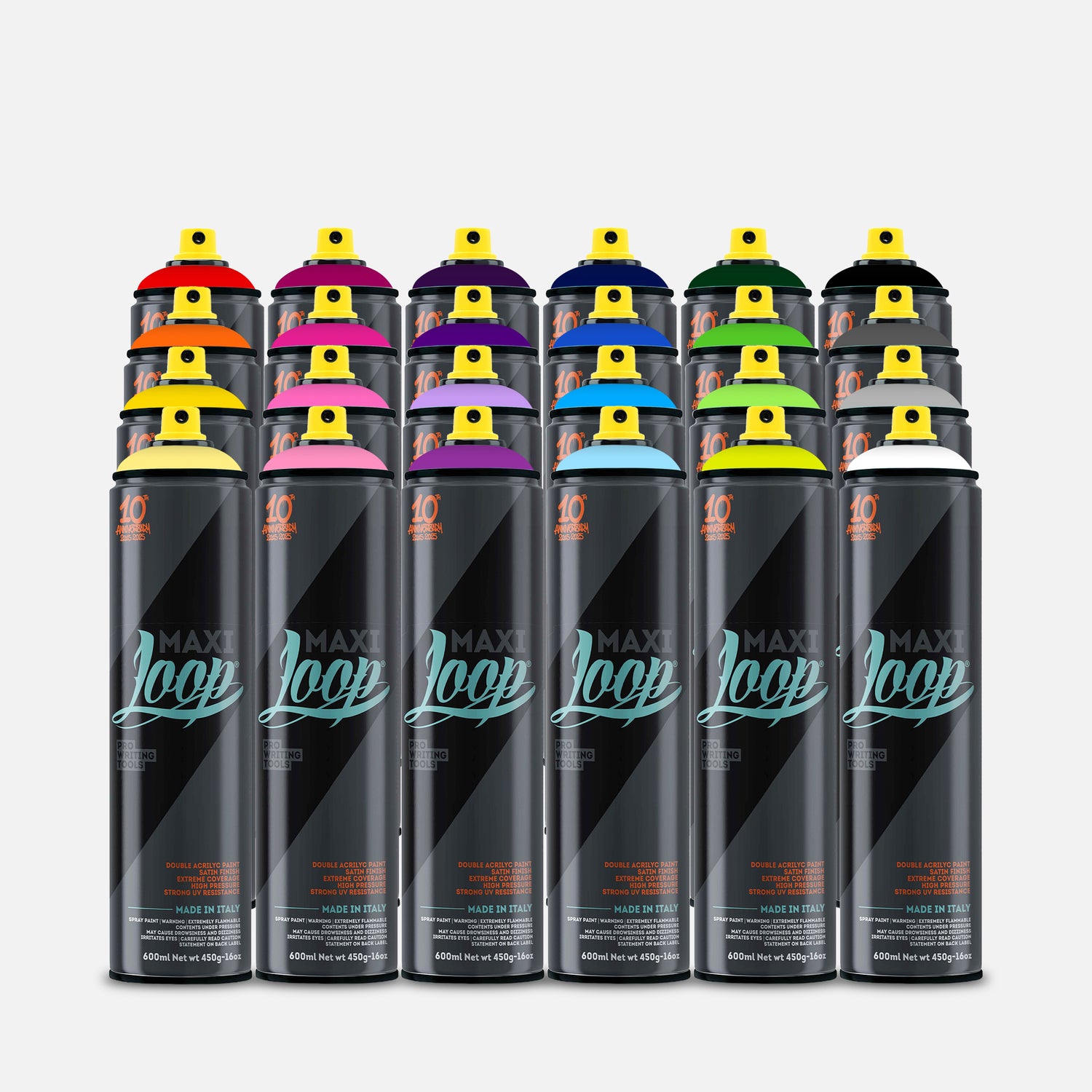 Loop maxi spray paint 600ml 24 can pack of assorted colours on grey background 