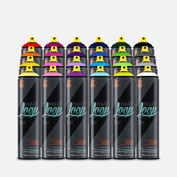 24 spray cans with colorful nozzles on a grey background