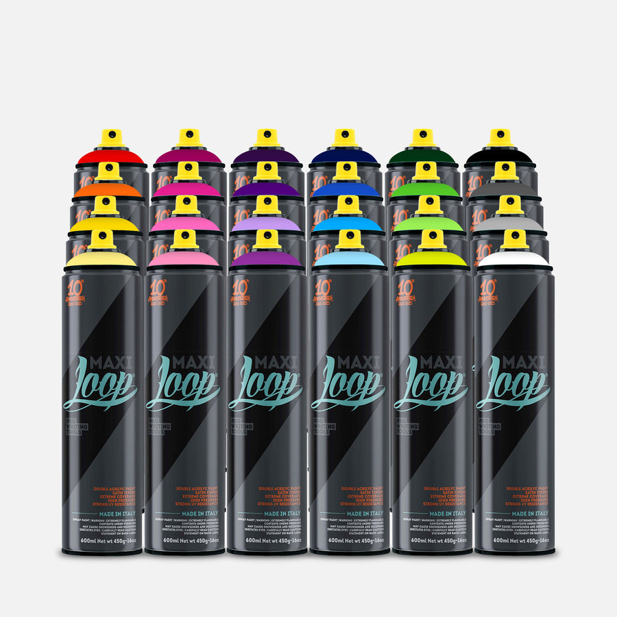 Loop maxi spray paint 600ml 24 can pack of assorted colours on grey background 