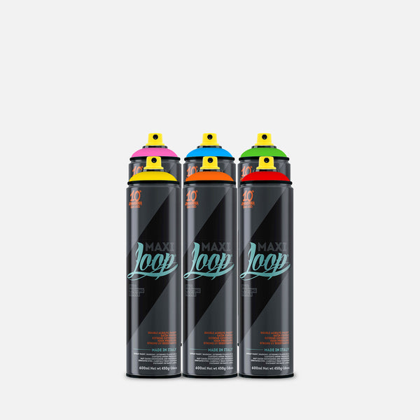 6 spray cans with colorful nozzles on a grey background
