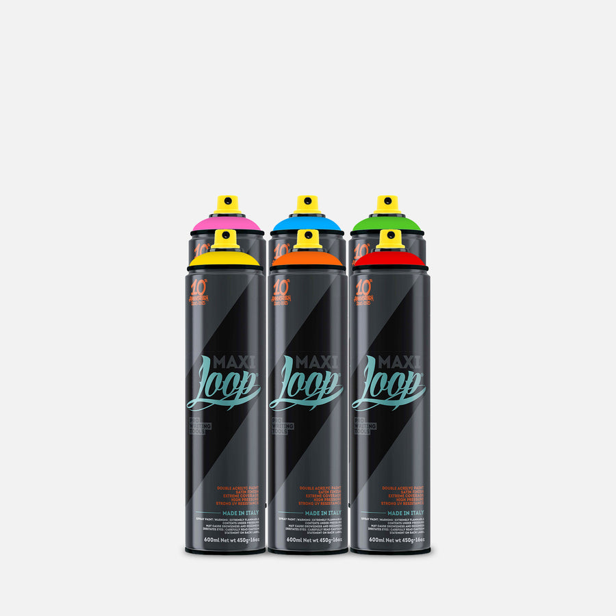 Loop maxi spray paint 600ml 6 can pack of assorted colours on grey background 