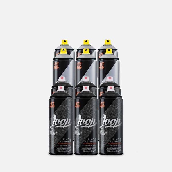 12 Loop chrome and asphalt spray paint cans on a light gray background