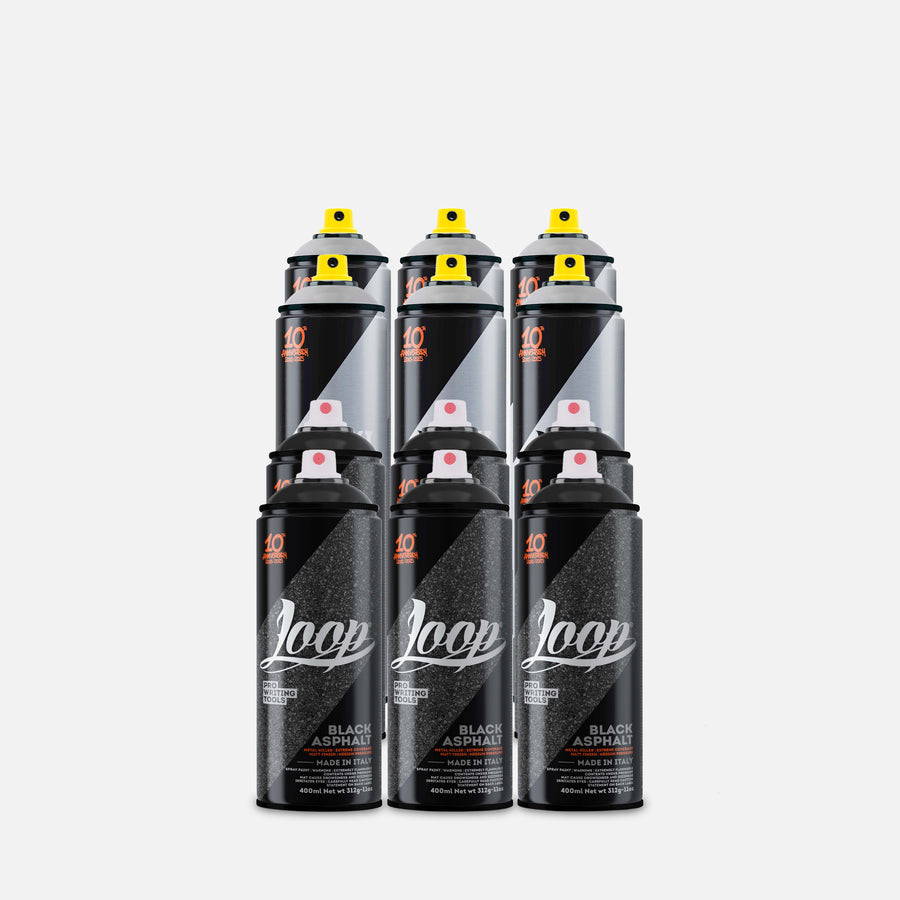 Loop spray paint pack of 12 containing 6 silver 600ml and 6 black 400ml on grey background 