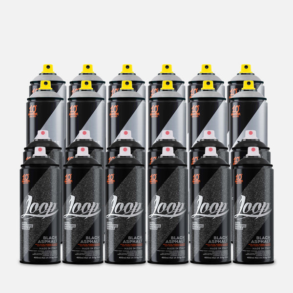 24 Loop chrome and asphalt spray paint cans on a light gray background