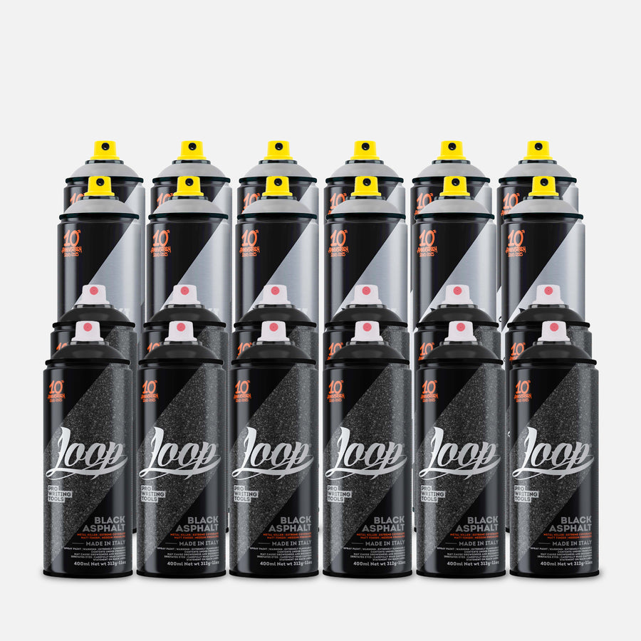 Loop spray paint pack of 24 containing 12 silver 600ml and 12 black 400ml on grey background 