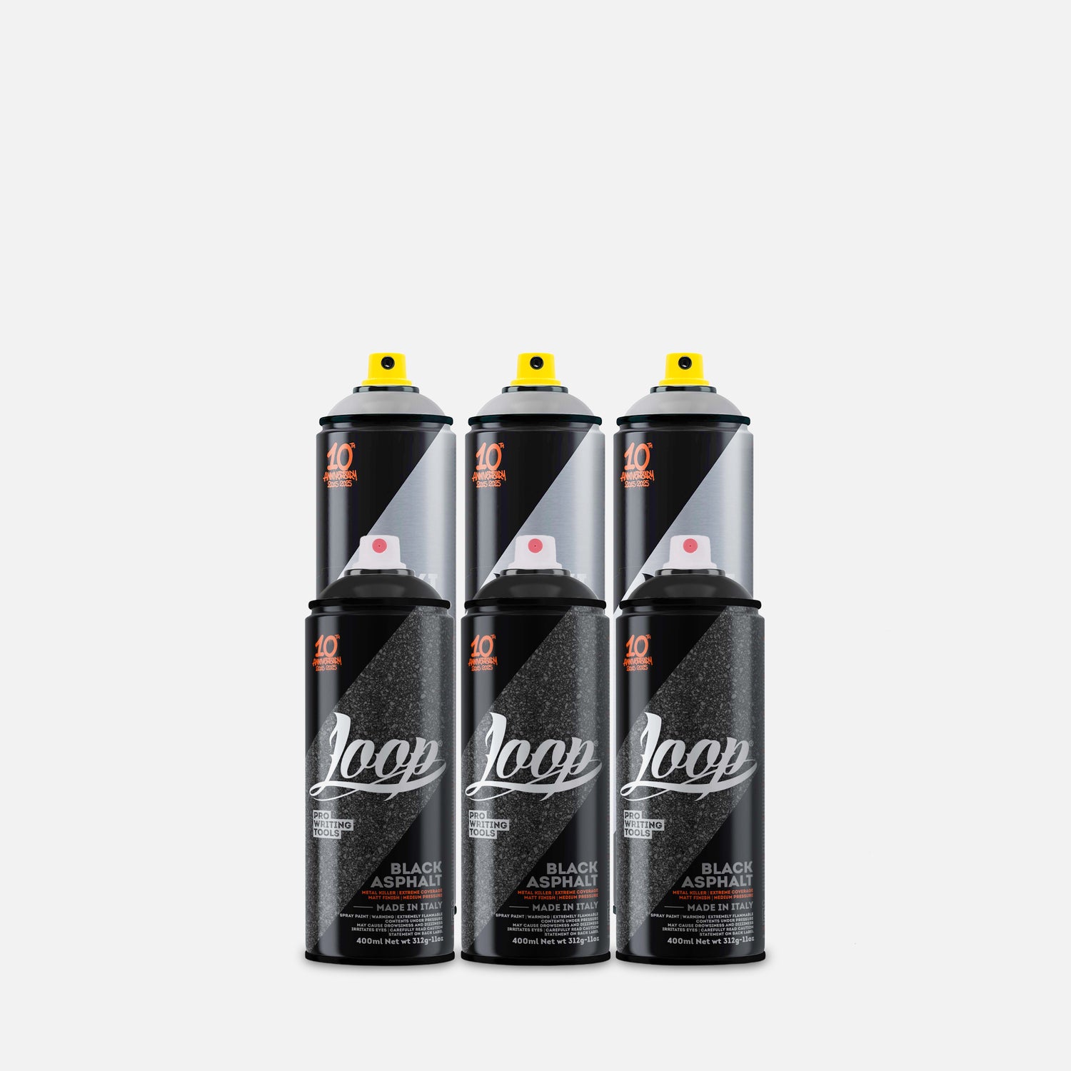 Loop spray paint pack of 6 containing 3 silver 600ml and 3 black 400ml on grey background 