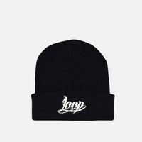 Loop beanie with light in black on grey background