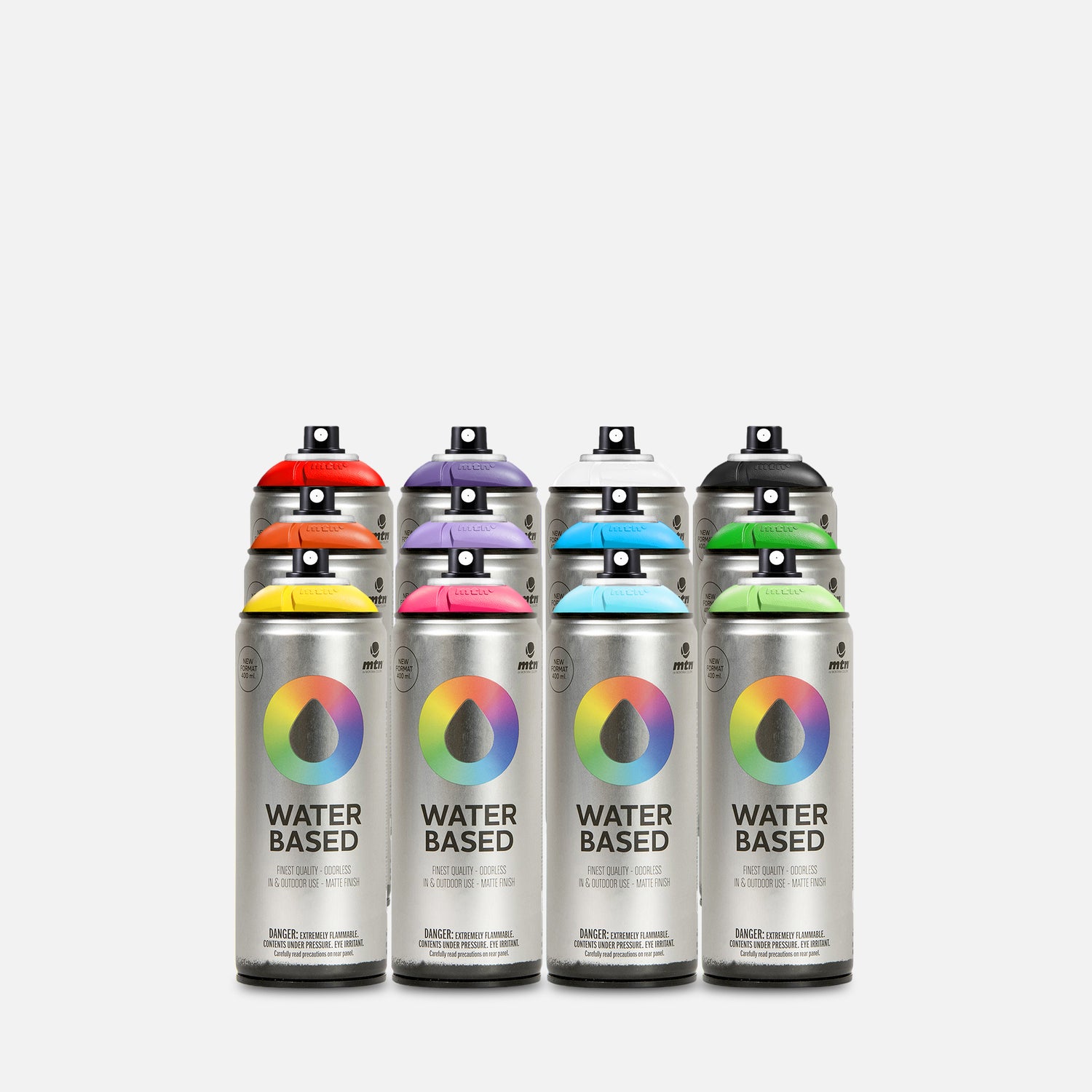 Mtn waterbased spray paint 400ml 12 can pack of assorted colours on grey background 