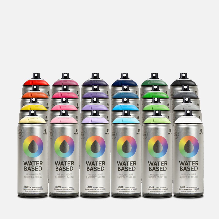 Mtn waterbased spray paint 400ml 24 can pack of assorted colours on grey background 