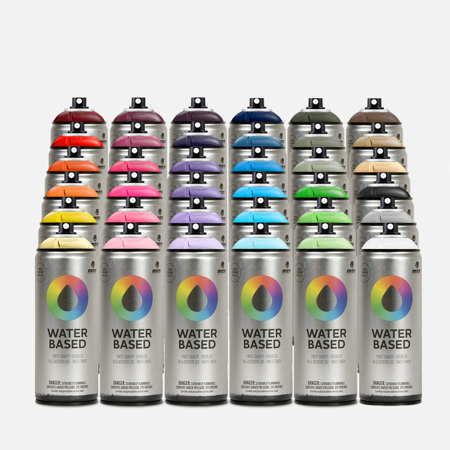 MTN Water Based 400ML 36 Can Pack spray paint set with assorted colours shown on grey background