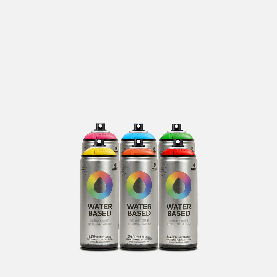 Mtn waterbased spray paint 400ml 6 can pack of assorted colours on grey background 
