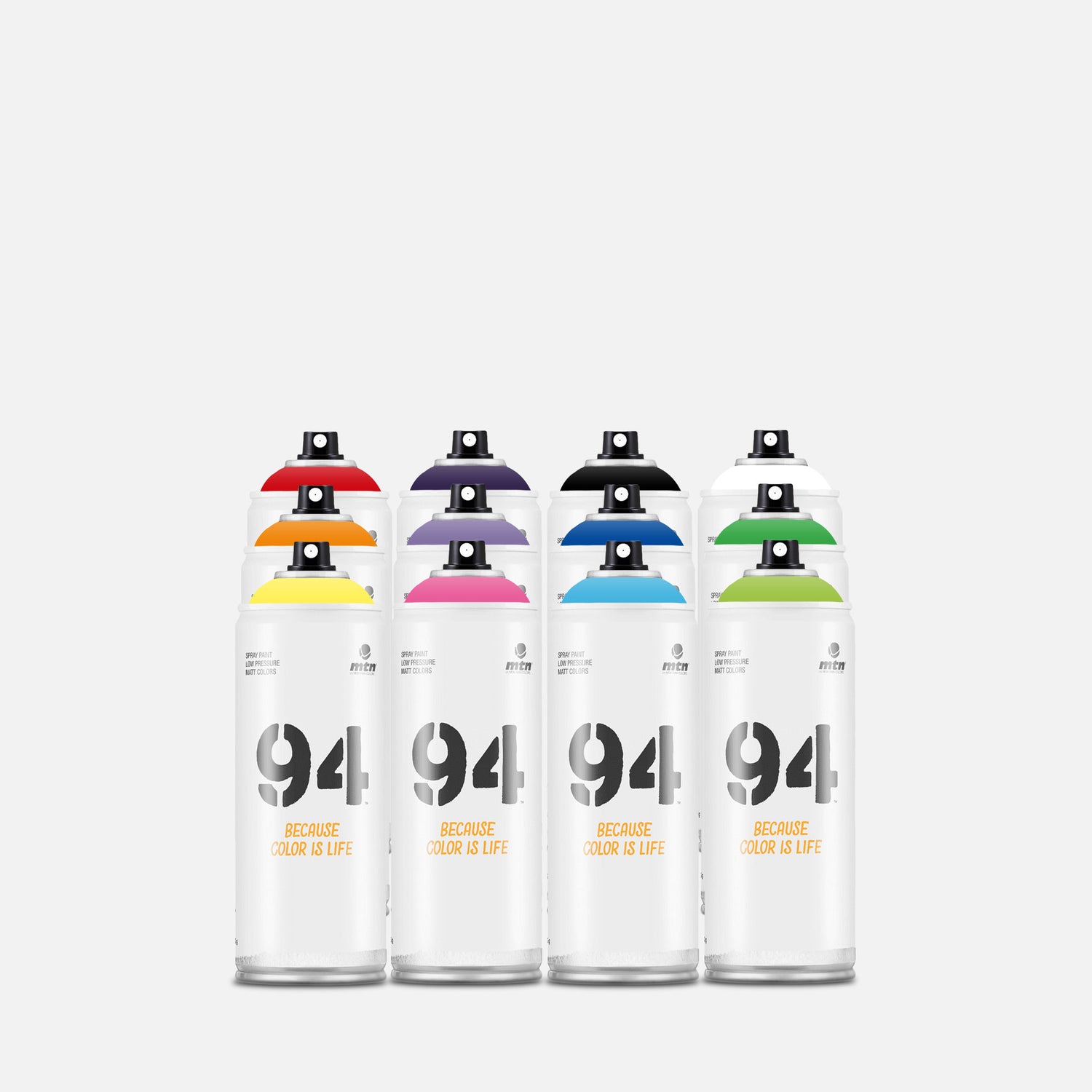 Mtn 94 spray paint 400ml 12 can pack of assorted colours on grey background 