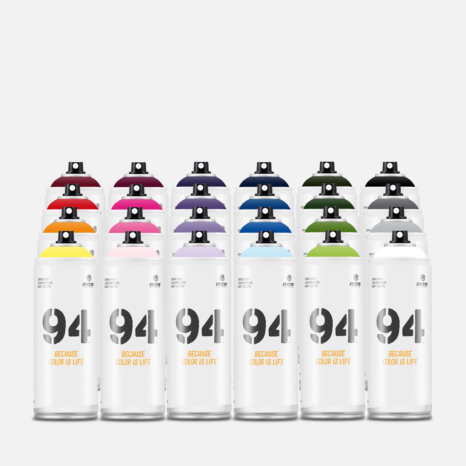 Mtn 94 spray paint 400ml 24 can pack of assorted colours on grey background 