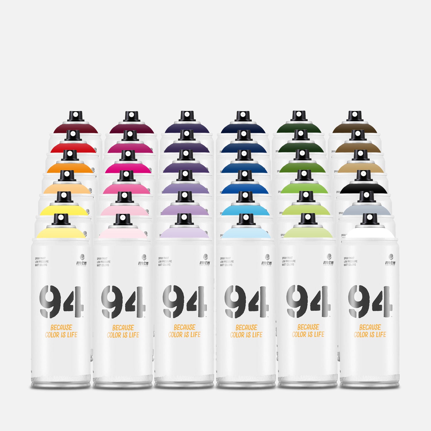 Mtn 94 spray paint 400ml 36 can pack of assorted colours on grey background 