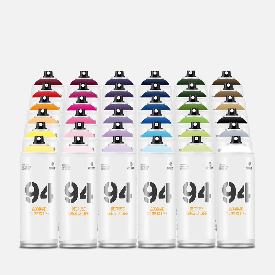 Mtn 94 spray paint 400ml 36 can pack of assorted colours on grey background 