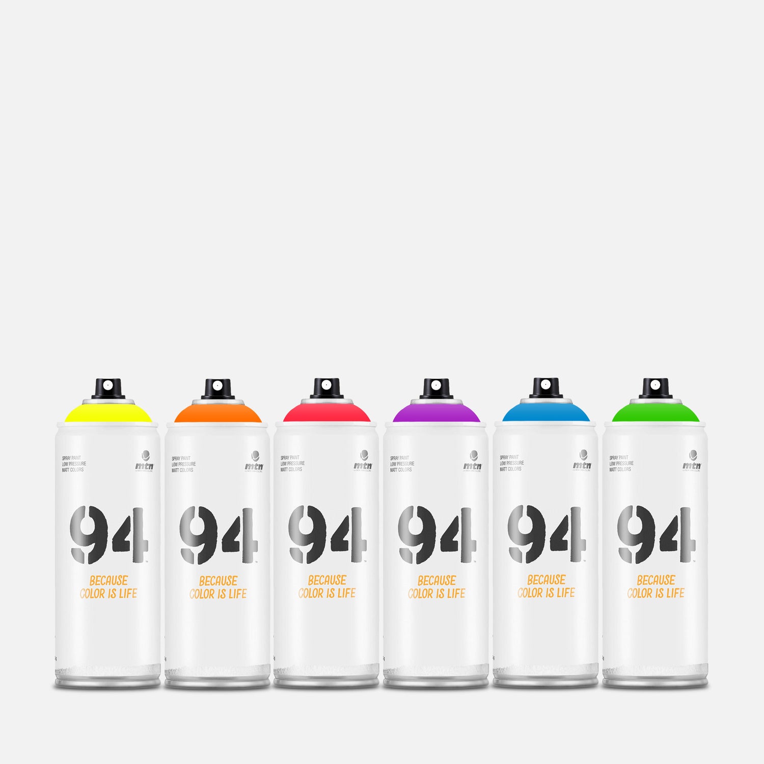 Mtn 94 spray paint 400ml 6 can pack of assorted fluorescent colours on grey background 