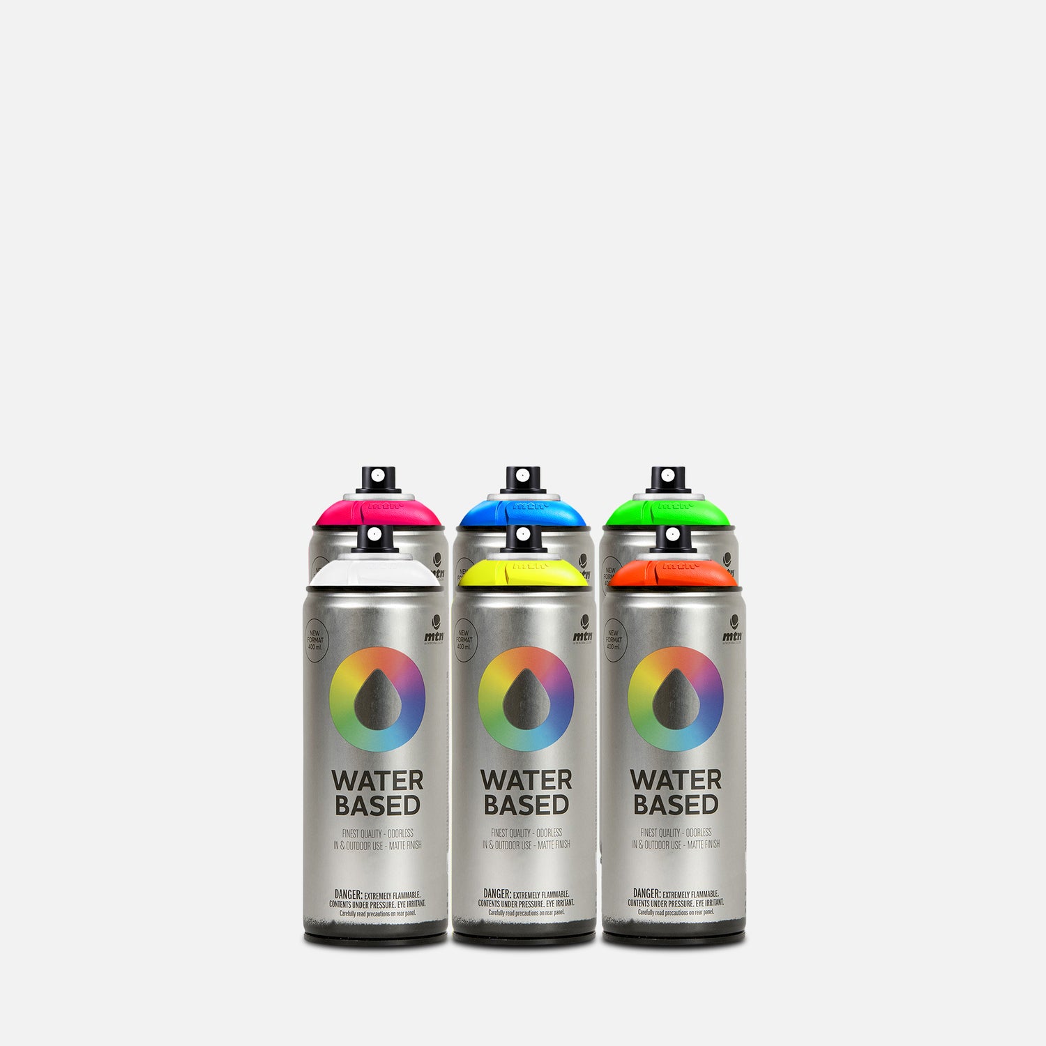 Mtn waterbased spray paint 400ml 6 can pack of assorted fluorescent colours on grey background 