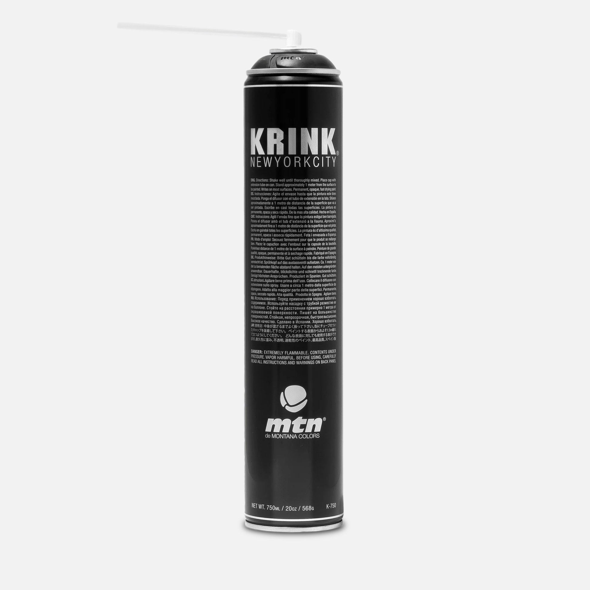 Krink X MTN K750 Black Spray Paint on a grey background