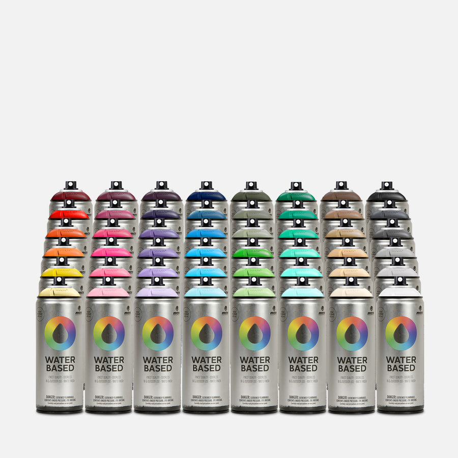 Mtn waterbased spray paint 400ml 48 can pack of assorted colours on grey background 