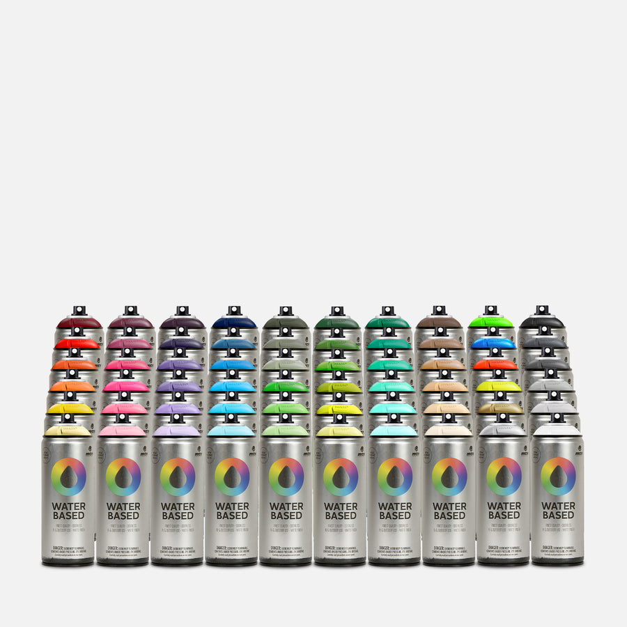 Mtn waterbased spray paint 400ml 60 can pack of assorted colours on grey background 