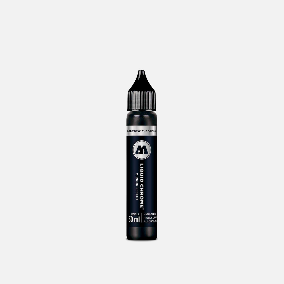 Black bottle of liquid chrome molotow with a grey background