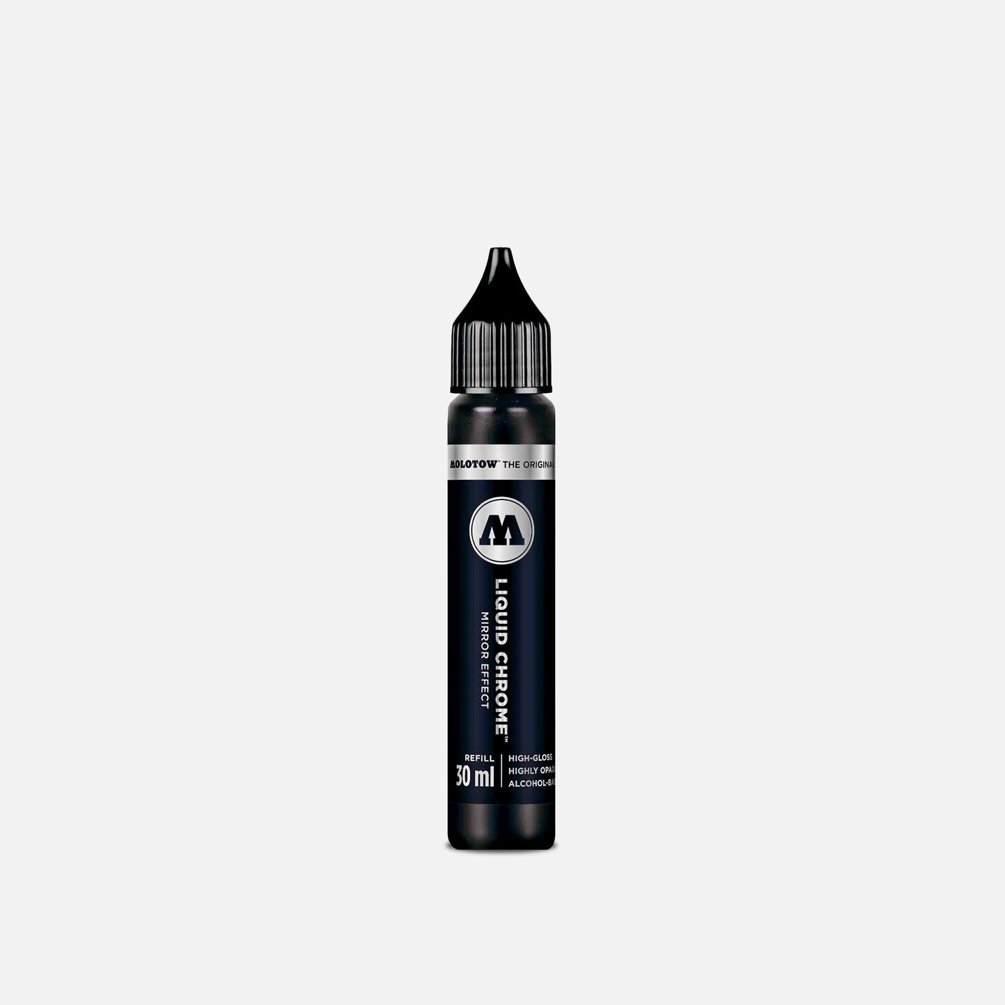 Black bottle of liquid chrome molotow with a grey background