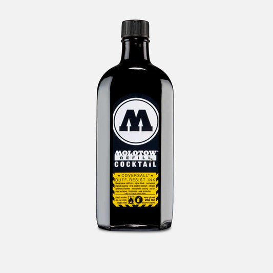 Bottle of Molotow refill cocktail with a black label on a grey background