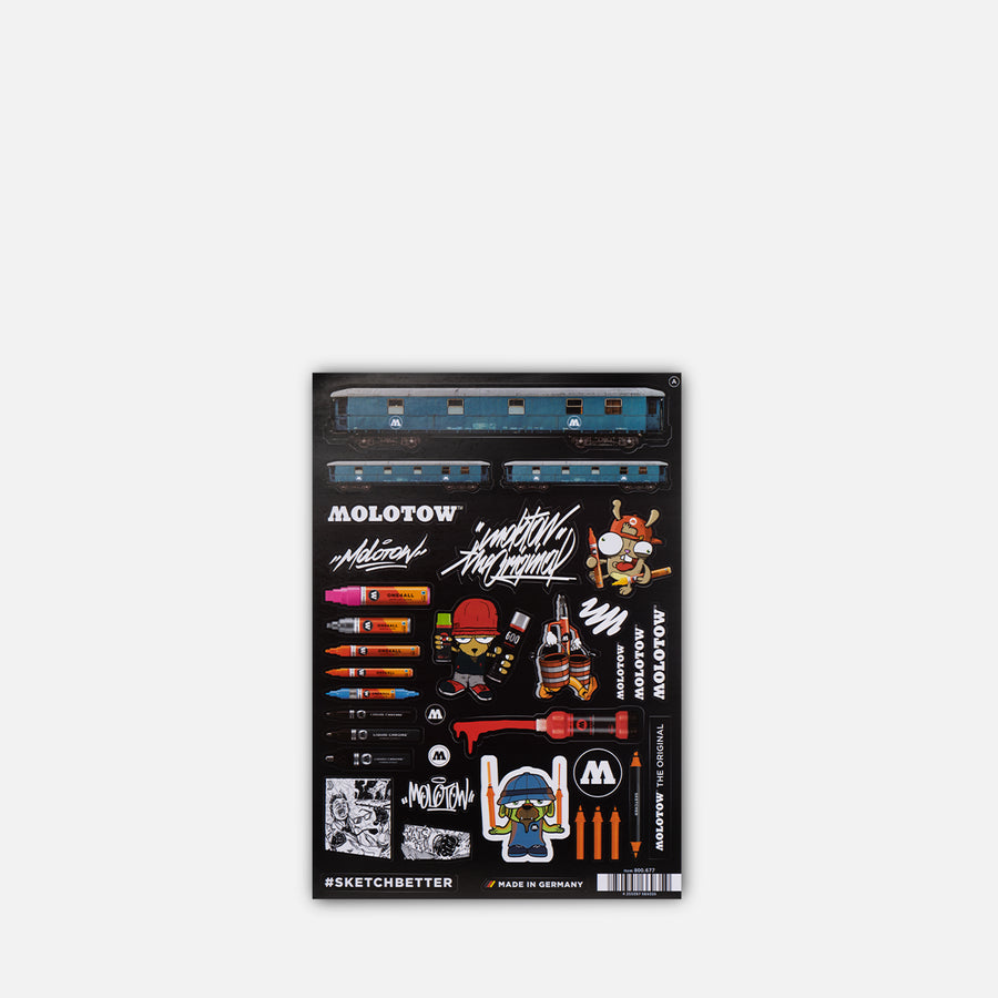 Molotow Sticker Sheet on a grey background 
