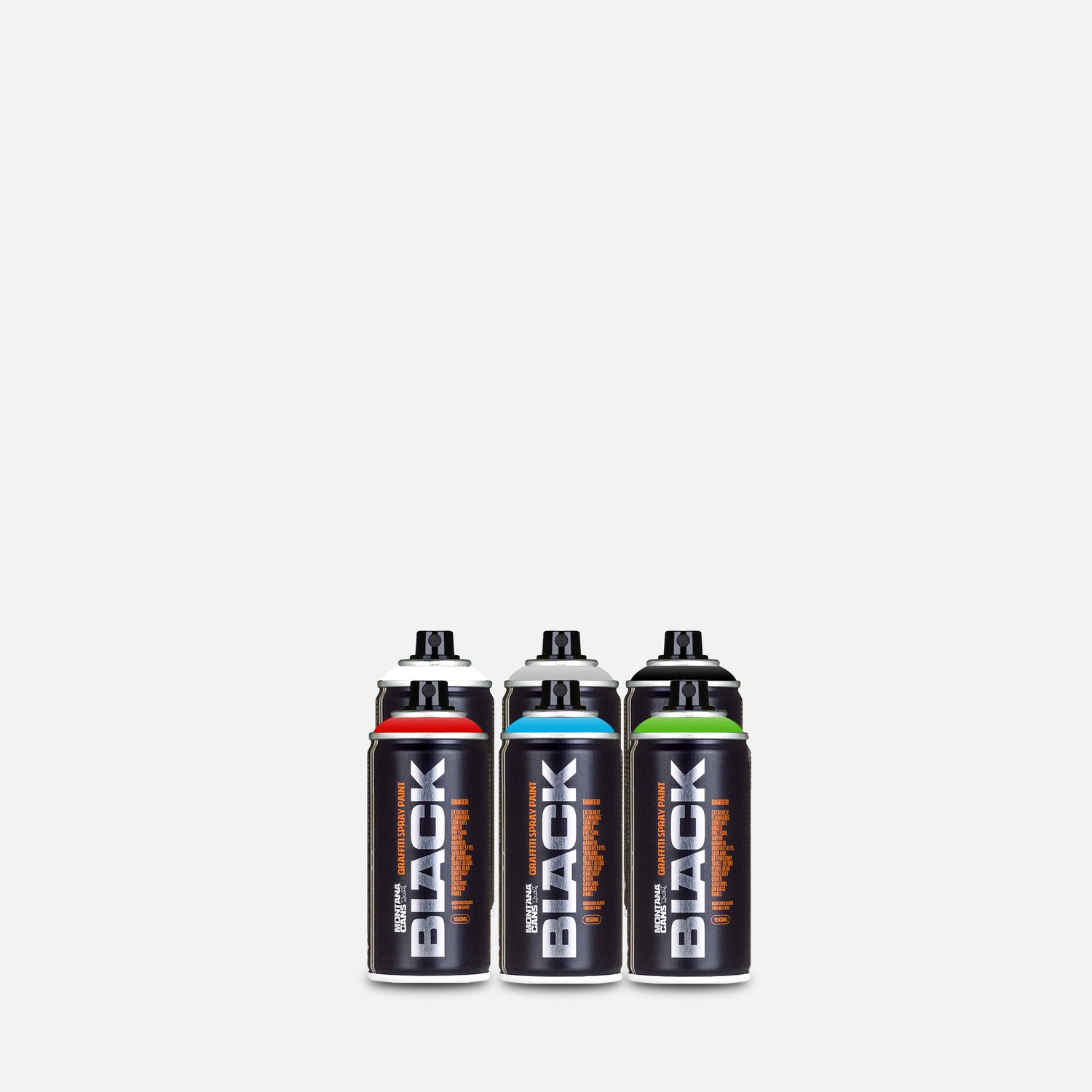 Montana black pocket spray paint 150ml 6 can pack of assorted colours on grey background 