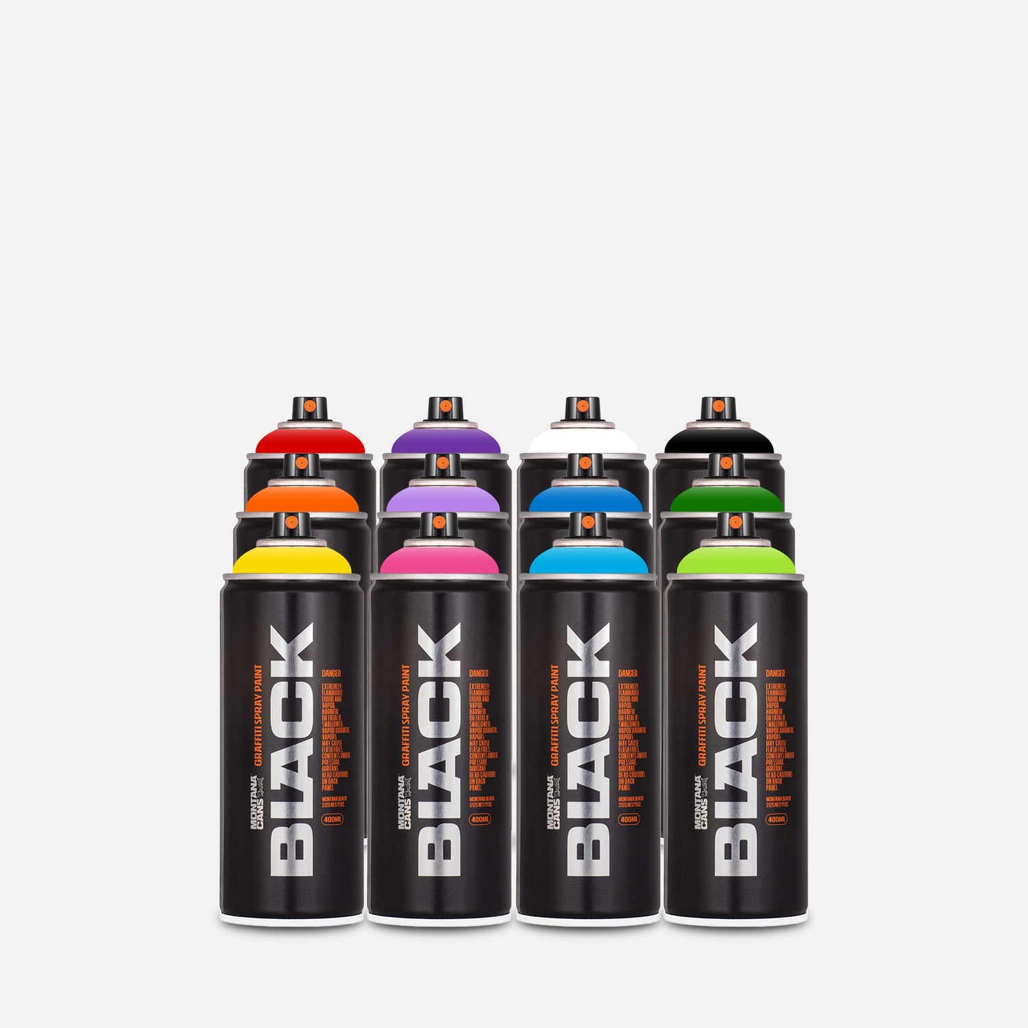 Montana black spray paint 400ml 12 can pack of assorted colours on grey background 