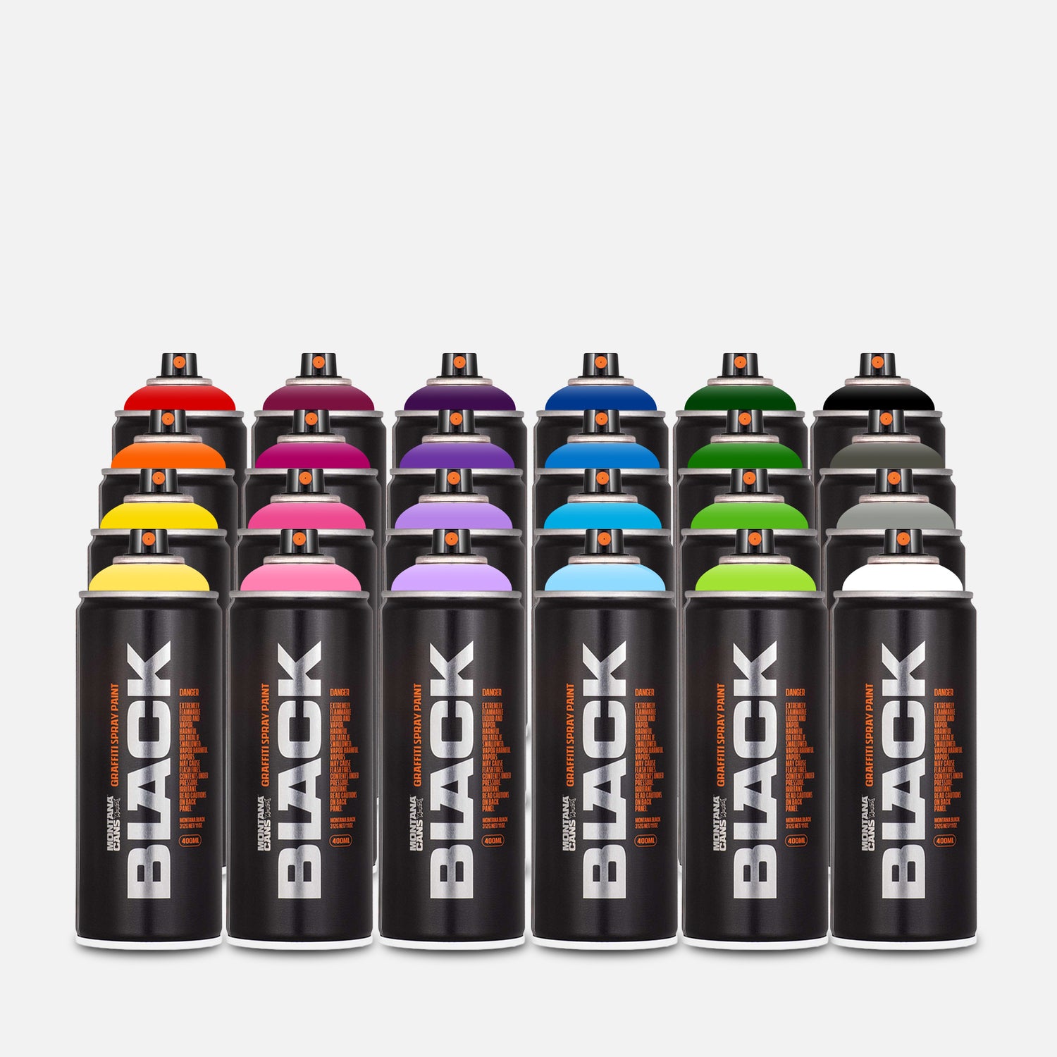 Montana black spray paint 400ml 24 can pack of assorted colours on grey background 