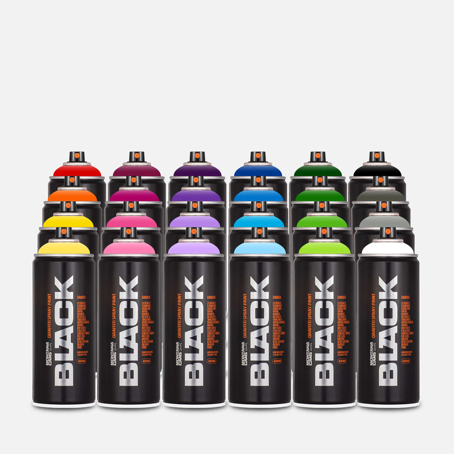 Montana black spray paint 400ml 24 can pack of assorted colours on grey background 