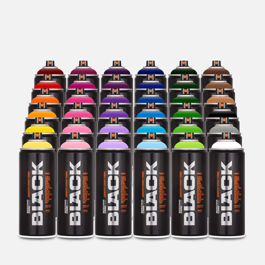 Montana black spray paint 400ml 36 can pack of assorted colours on grey background 