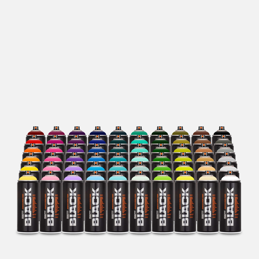 Montana black spray paint 400ml 60 can pack of assorted colours on grey background 