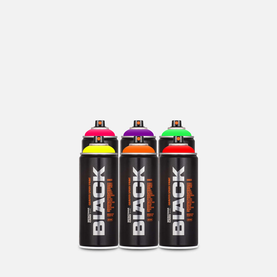 Montana black spray paint 400ml 6 can pack of assorted infra colours on grey background 