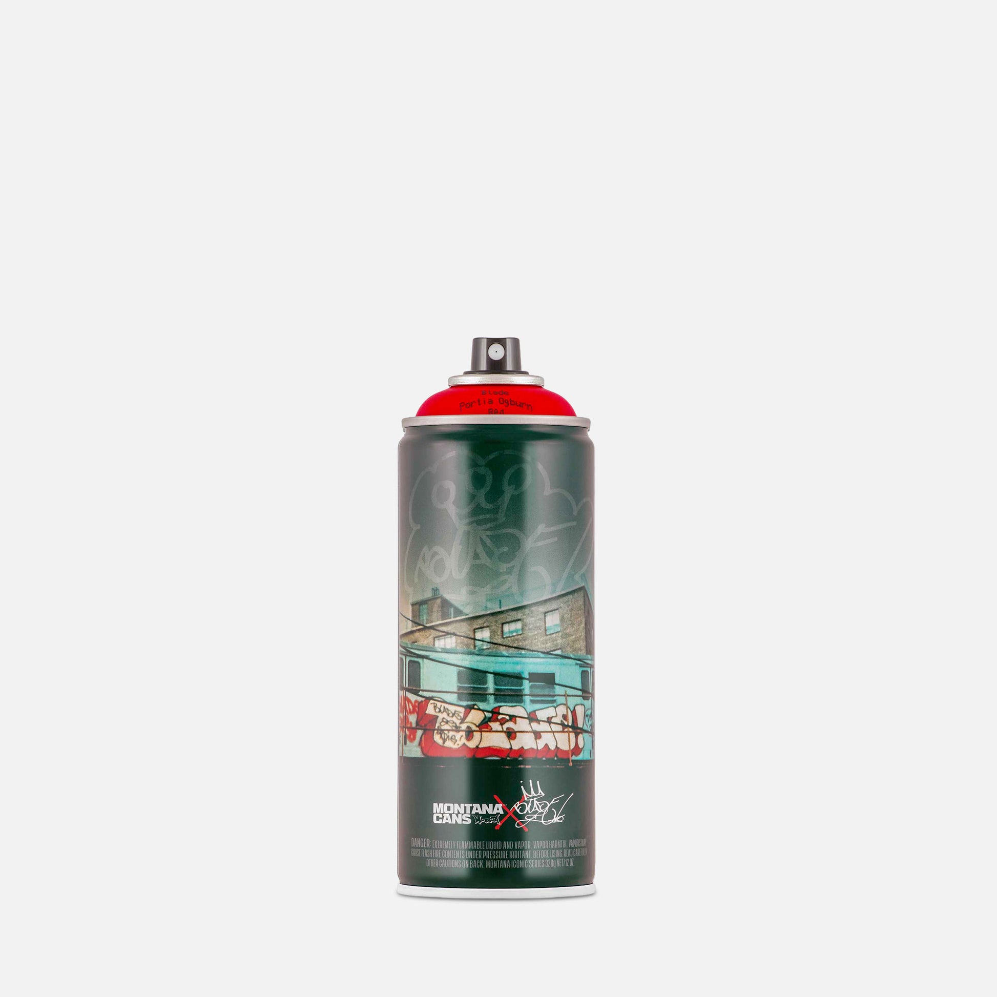 Montana spray paint can with an artistic label on a grey background