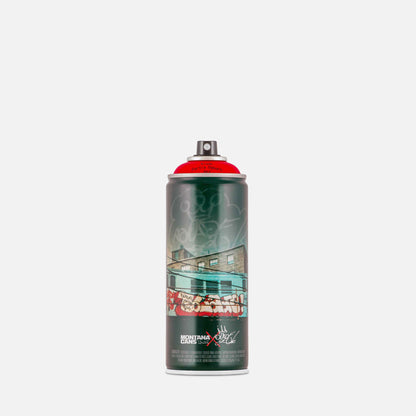 Montana spray paint can with an artistic label on a grey background
