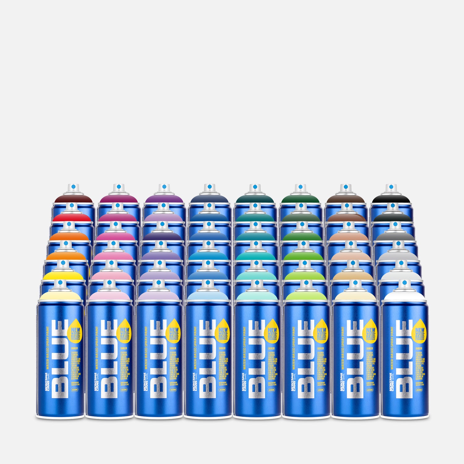 Montana blue water based spray paint 400ml 48 can pack of assorted colours on grey background 