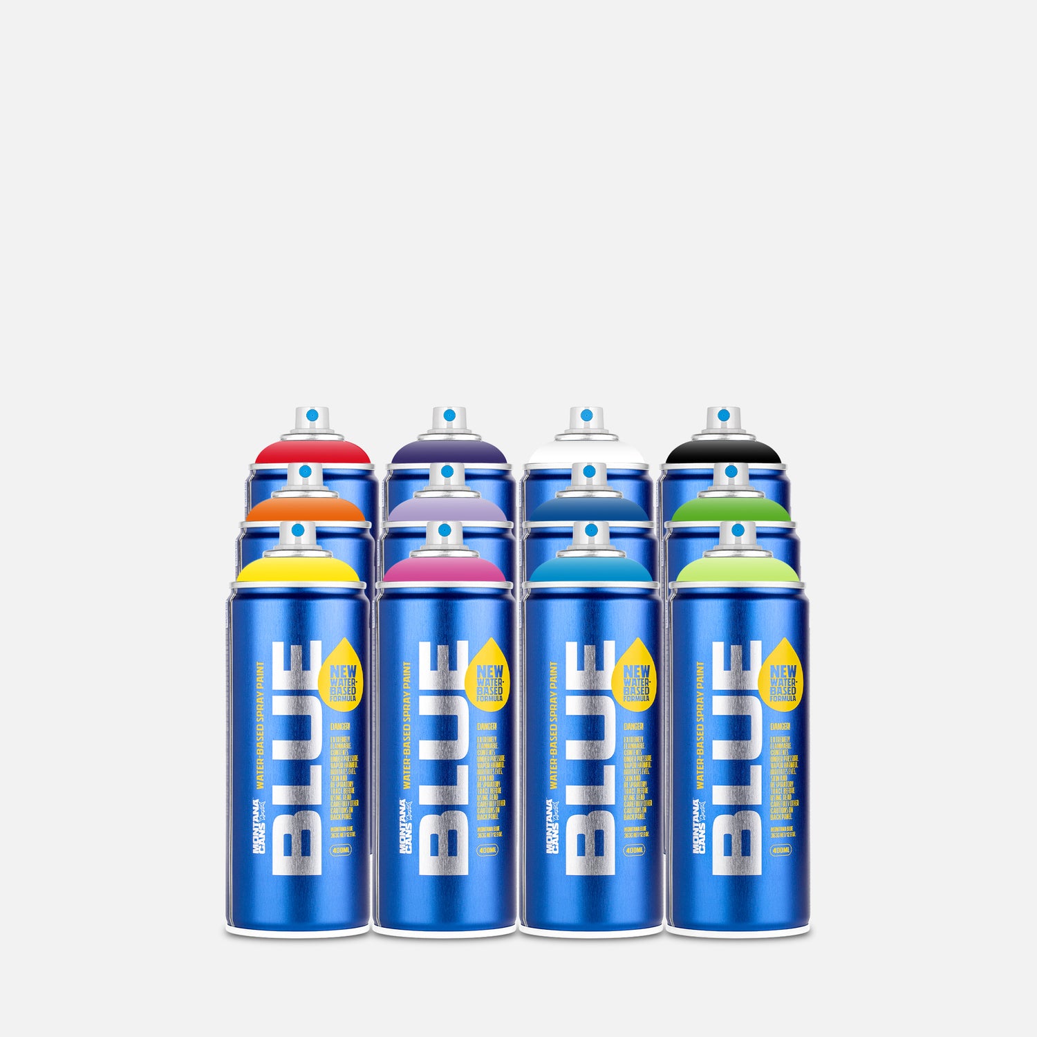 Montana blue water based spray paint 400ml 12 can pack of assorted colours on grey background 