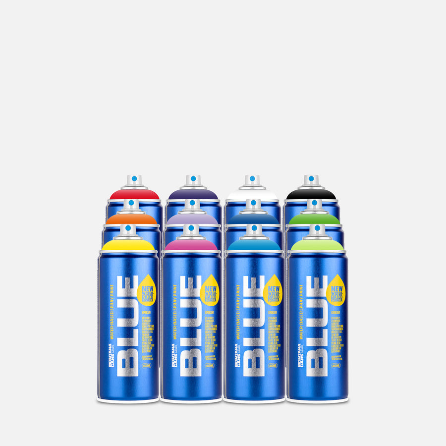 Montana blue water based spray paint 400ml 12 can pack of assorted colours on grey background 