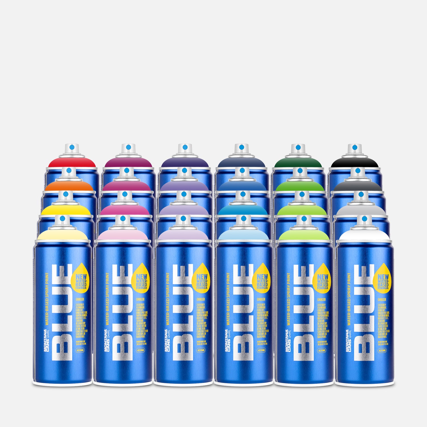 Montana blue water based spray paint 400ml 24 can pack of assorted colours on grey background 
